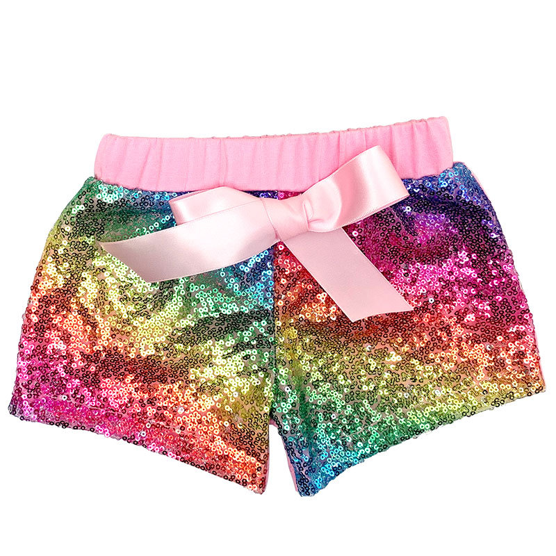 Wholesale Customized Design Cotton Rainbow Sequins Glitter Baby Girl Shorts With Bow
