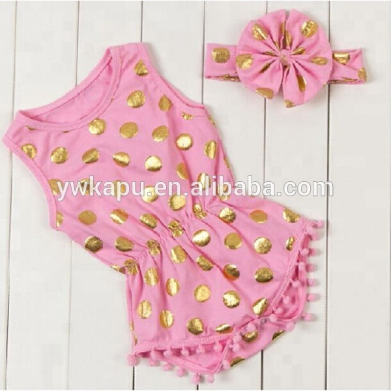 New designs popular romper gold dot cotton jumpsuit kids clothes wholesale cotton pompom bodysuit for baby girls with bows