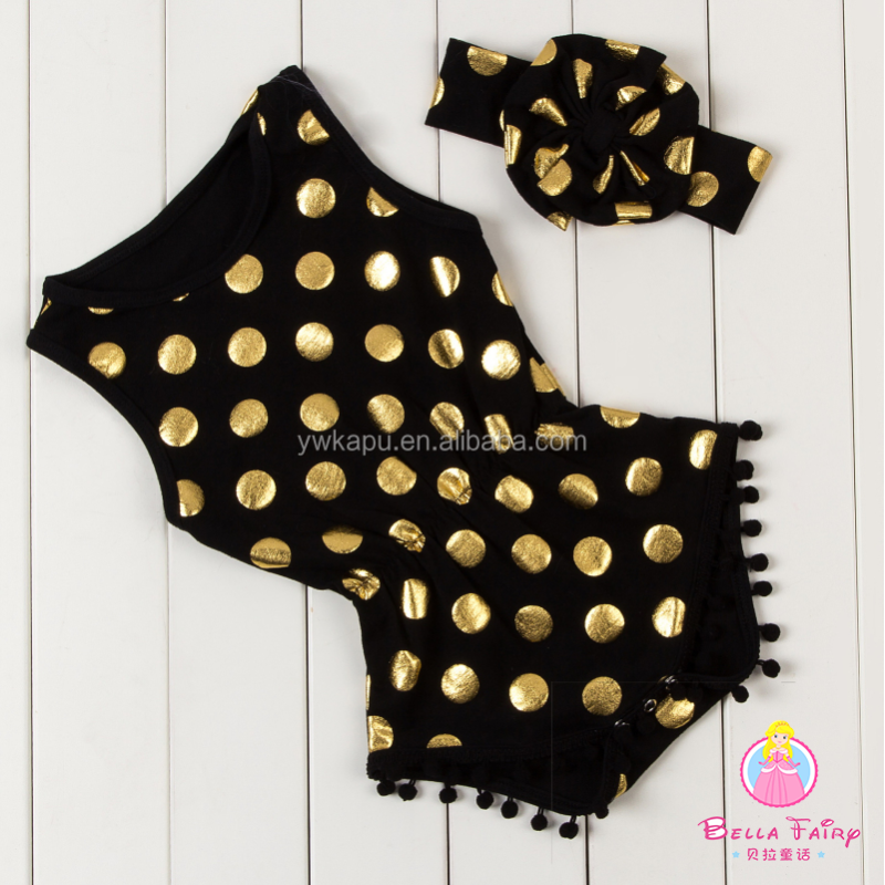 Kids fashionable clothing Hot stamping polka dot romper baby girl bodysuit pompom romper