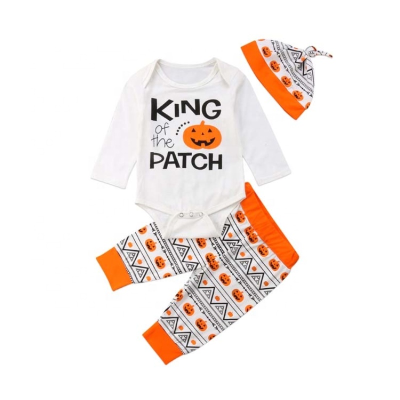 Manufacture halloween kids clothes 3pcs cartoon printed rompers hat clothing sets
