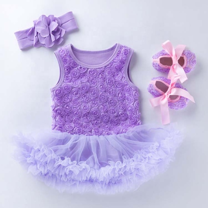 Wholesale Baby Girl Rosette Petti Dress With Baby Shoes and Headband Set For Birthday Party 