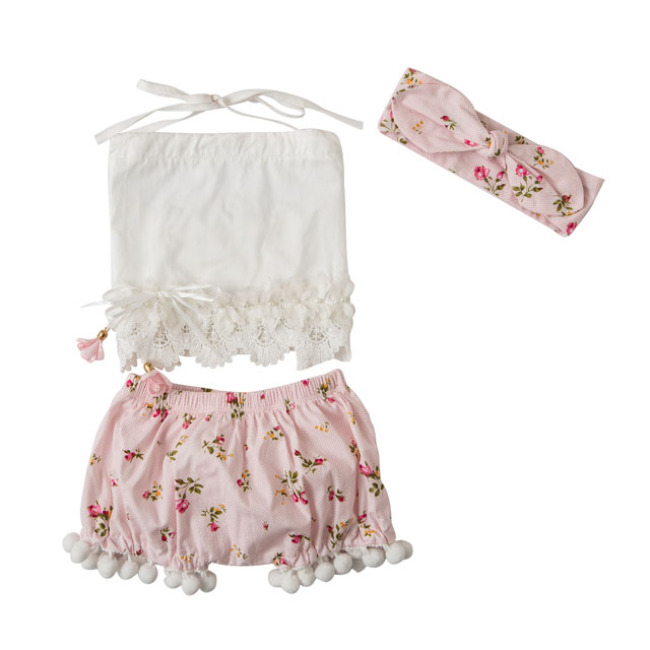 Wholesale Boutique Kids Lace Tank Top And Floral Pompom Shorts Clothing Outfit Set With Headband 