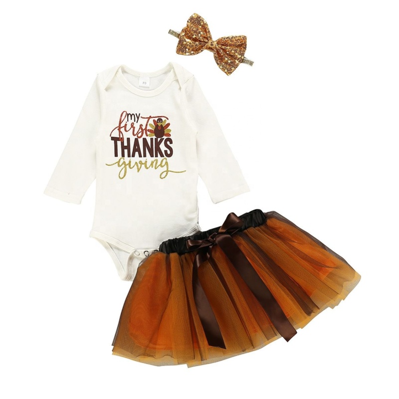2021 thanksgiving day baby girl cute brown ruffle romper clothes set
