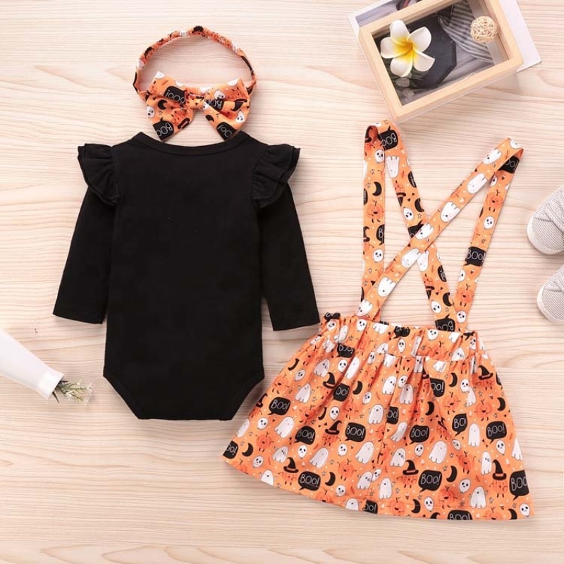 Manufacturer halloween printed stylish suspender long sleeve dress designer baby girl clothes