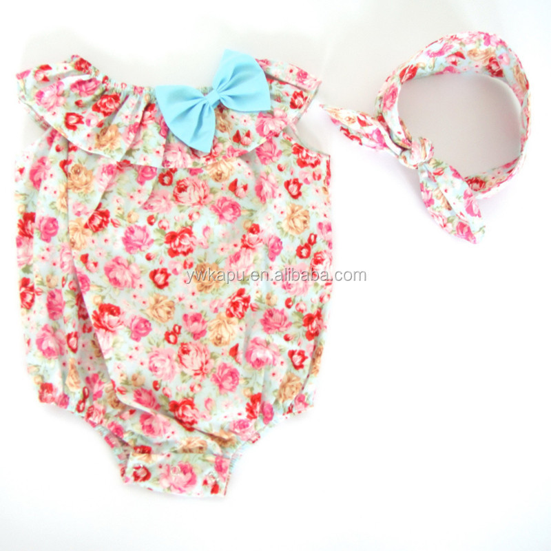 Summer wholesale boutique bubble romper baby wear solid color baby seaside clothes romper with headband