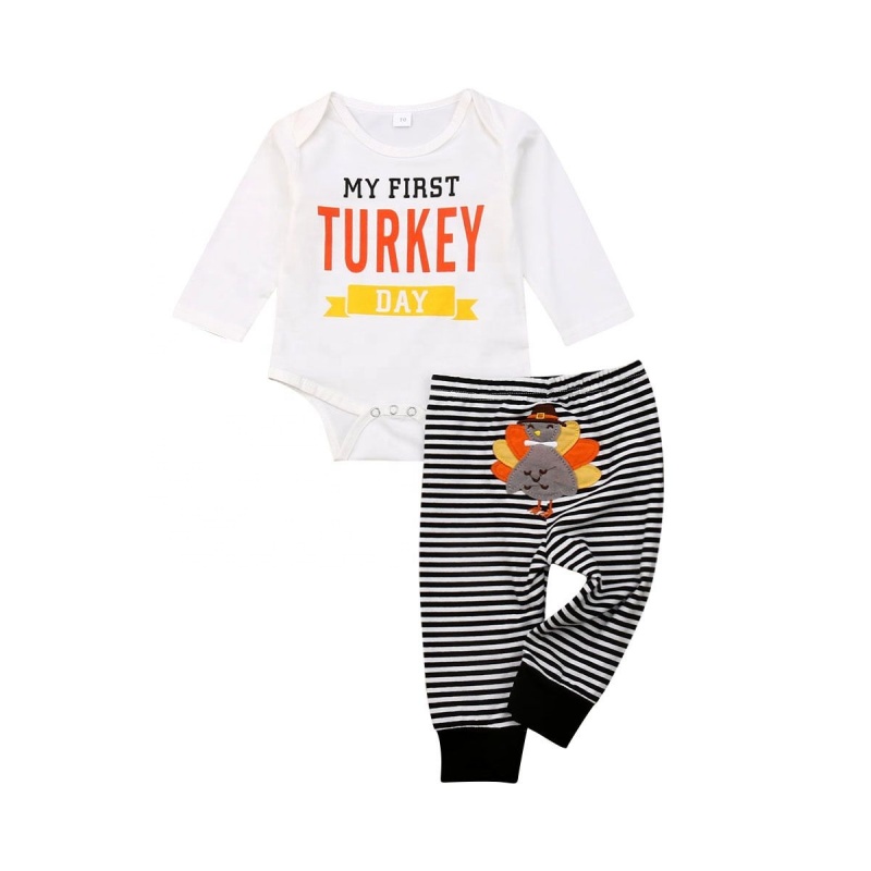 New autumn thankgiving day long sleeve   organic cotton stripe rompers baby boy girl clothing sets