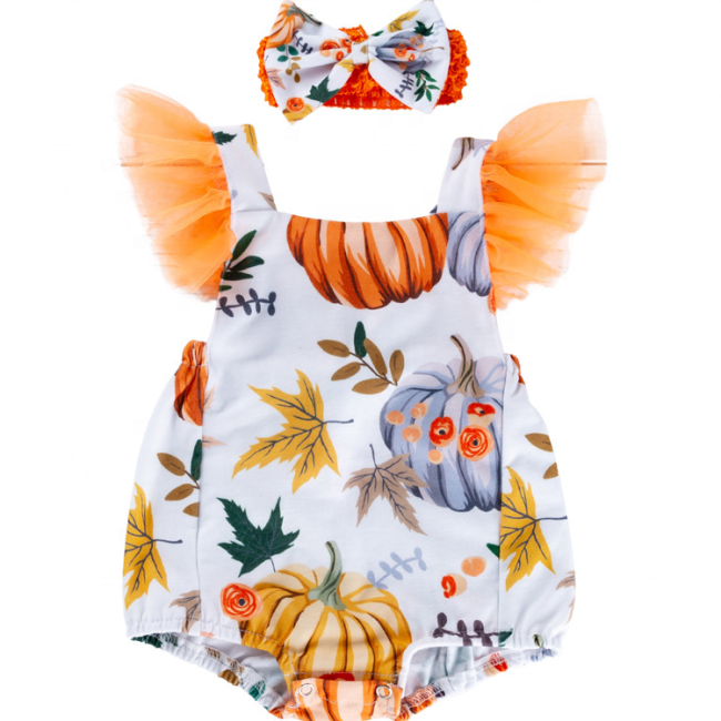 2021 new arrival 100% cotton pumpkin print mesh sleeve halter romper baby boutique clothing