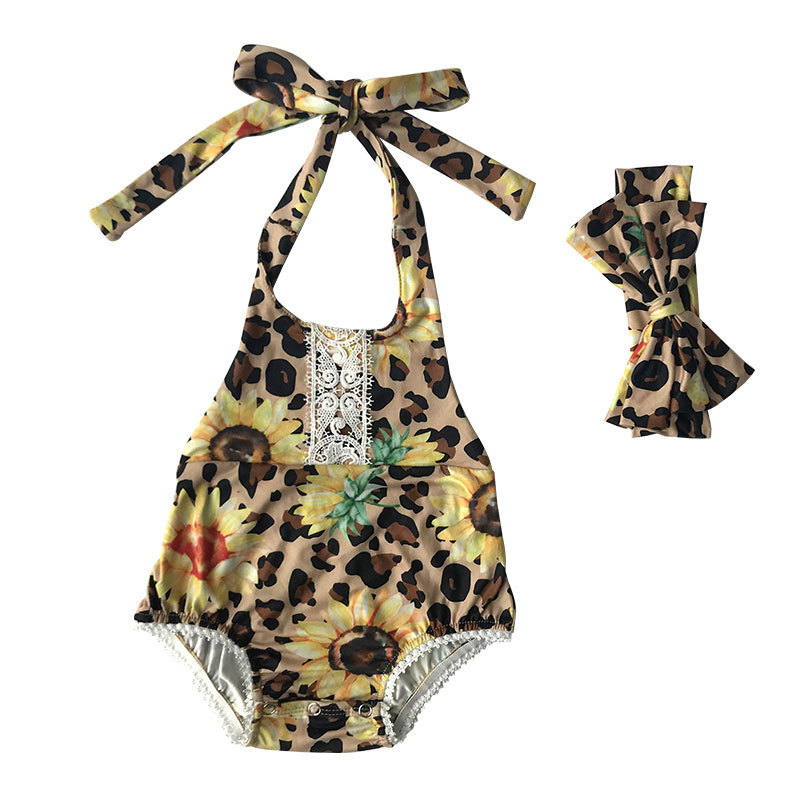 Wholesale Infant  sunflower halter Baby Romper With Headband Set