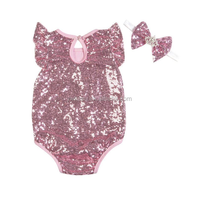 Plain Sequin Romper with Matching Crown Headband Baby Onesie from Yiwu