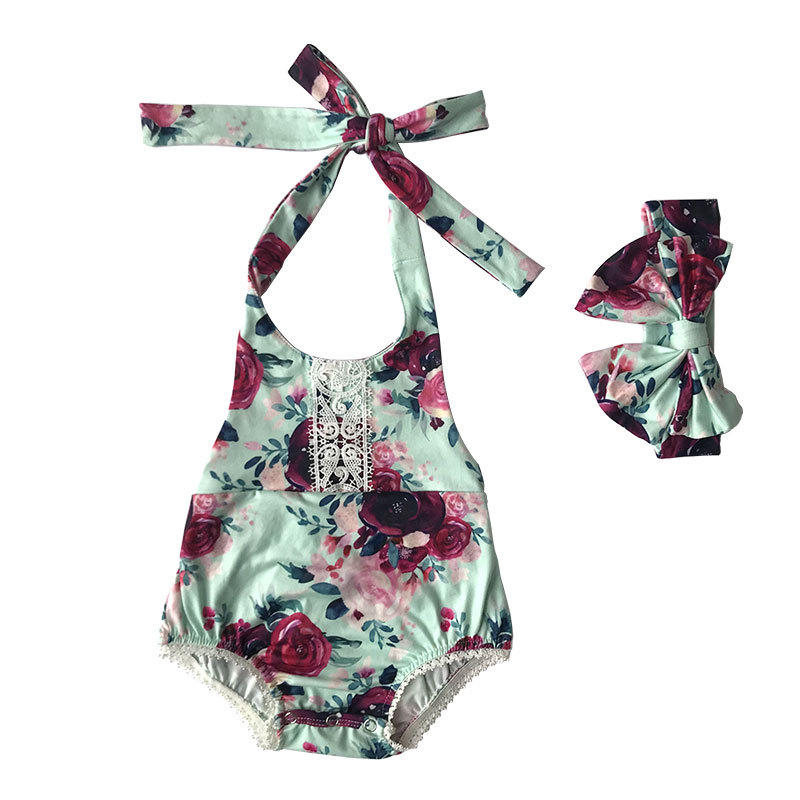 Wholesale Infant  sunflower halter Baby Romper With Headband Set