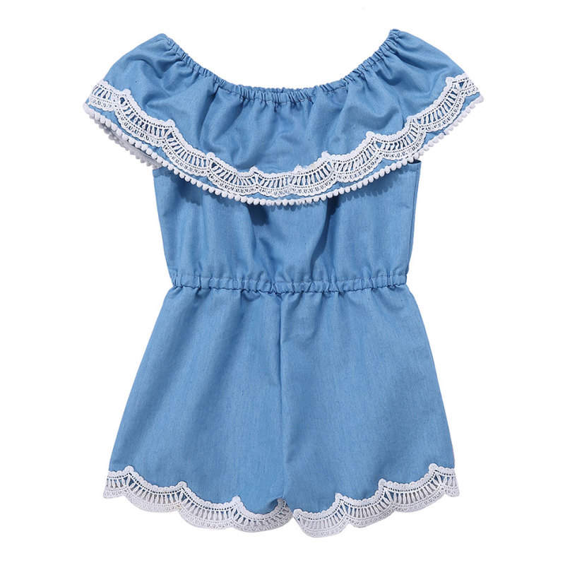 Wholesale  Ruffle Baby Girl Rompers  Denim  O-neck Lace Denim romper Clothes Jumpsuit