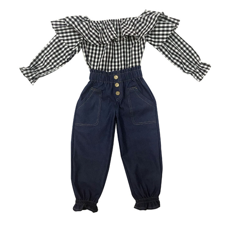 Wholesale Fall Kids Girl Denim Pants Plaid  Blouse Top 2 pcs Clothing Set