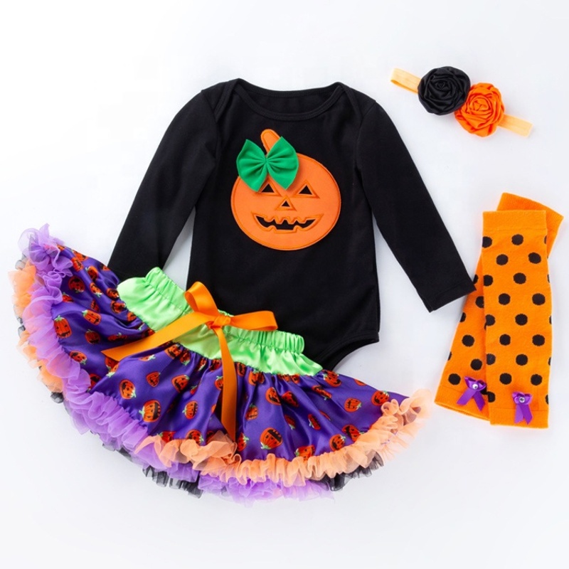 2021 flared long sleeve orange cartoon halloween kids clothes romper