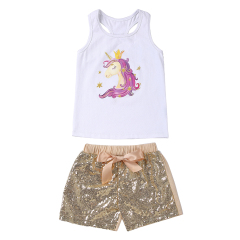 Unicorn Tank Top And Sequin Shorts With Bowknot Outfit Girls Clothing Set