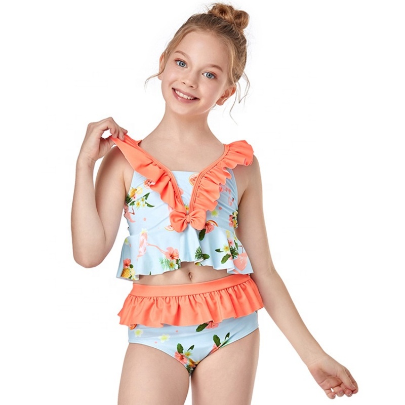 Top selling fashion ruffle print kids designer two piece swimsuit custom girls