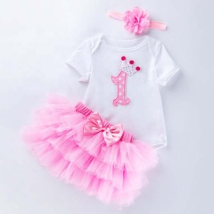 New Arrival Baby Girl Birthday Party Wear Romper Outfit With Tutu Skirts Set And Headband 