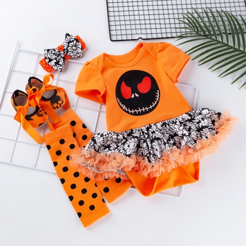Cheap pumpkin orange puff sleeve halloween baby tutu dresses set