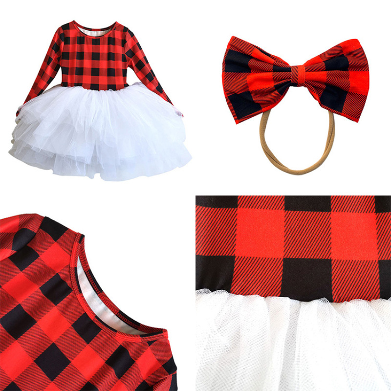 Custom Vintage Red Black Plaid Cotton White Dress Christmas Easter Fringe Shirt Party Dresses for Infant Toddler Girls
