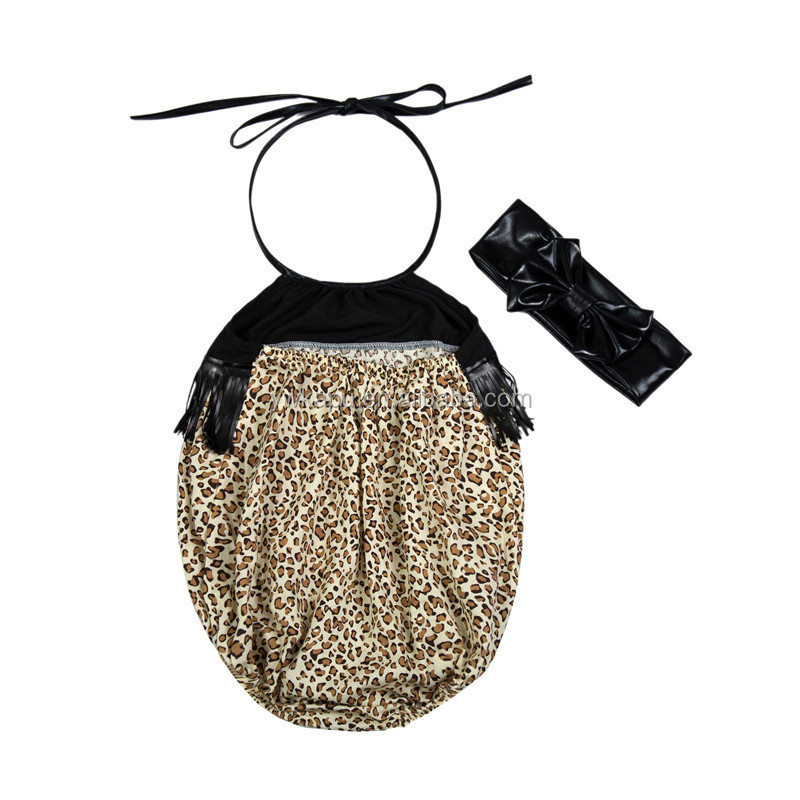 Wholesale children's boutique clothing high quality infant leopard sunsuit fancy bodysuit black tassel fringes style romper