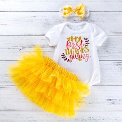 Thanksgiving day yellow short sleeve bow headband  layered mesh skirt three pieces baby rompers