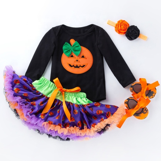 2021 long sleeve pumpkin printing toddler romper tutu skirt dress kids boutique clothing set