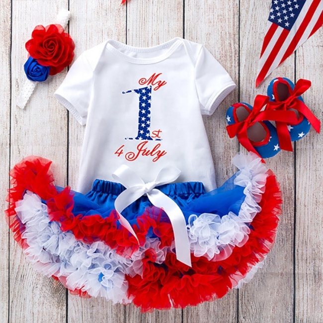 4th of July 4PCS  headband tutus romper shoes set RTS