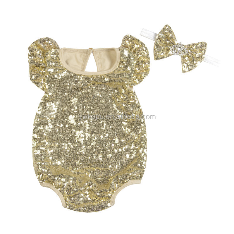 Plain Sequin Romper with Matching Crown Headband Baby Onesie from Yiwu