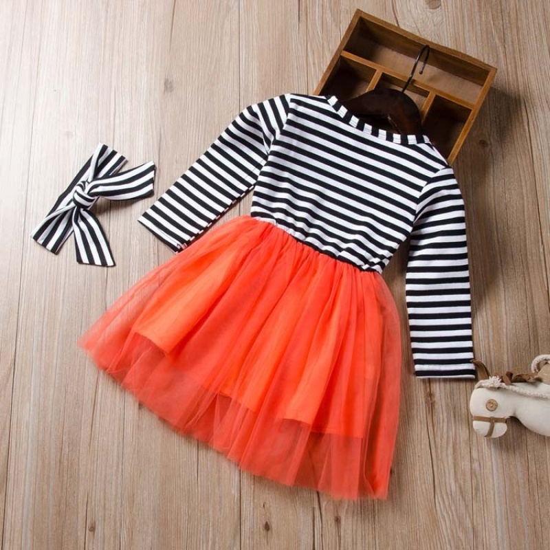 Cheap kids halloween cartoon pumpkin costumes double layered dress