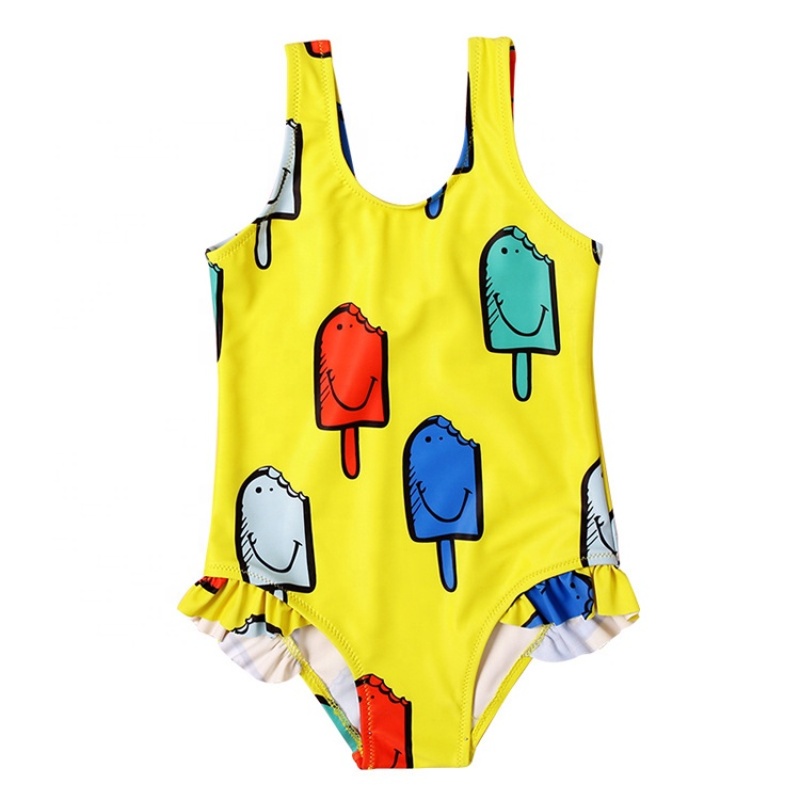 Hot selling yellow one piece custom ruffle swimsuit dress cartoon swimwear