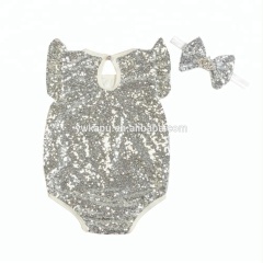 HOT Selling Summer Pretty Baby Girl's Spring Flutter Sequin Sleeve Romper with headband