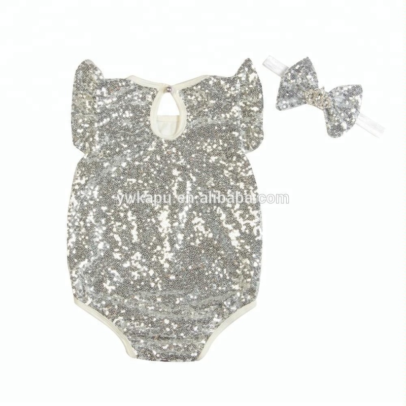 HOT Selling Summer Pretty Baby Girl's Spring Flutter Sequin Sleeve Romper with headband
