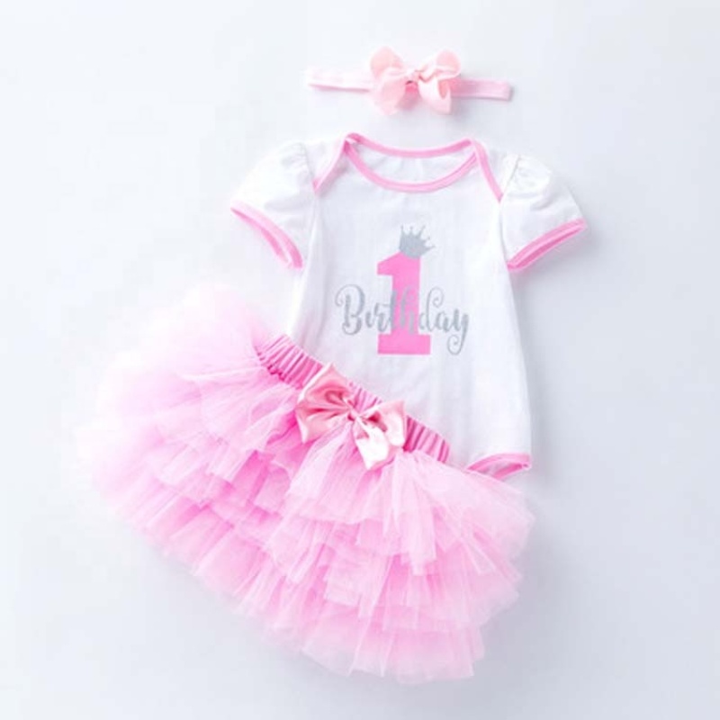 New Arrival Baby Girl Birthday Party Wear Romper Outfit With Tutu Skirts Set And Headband 