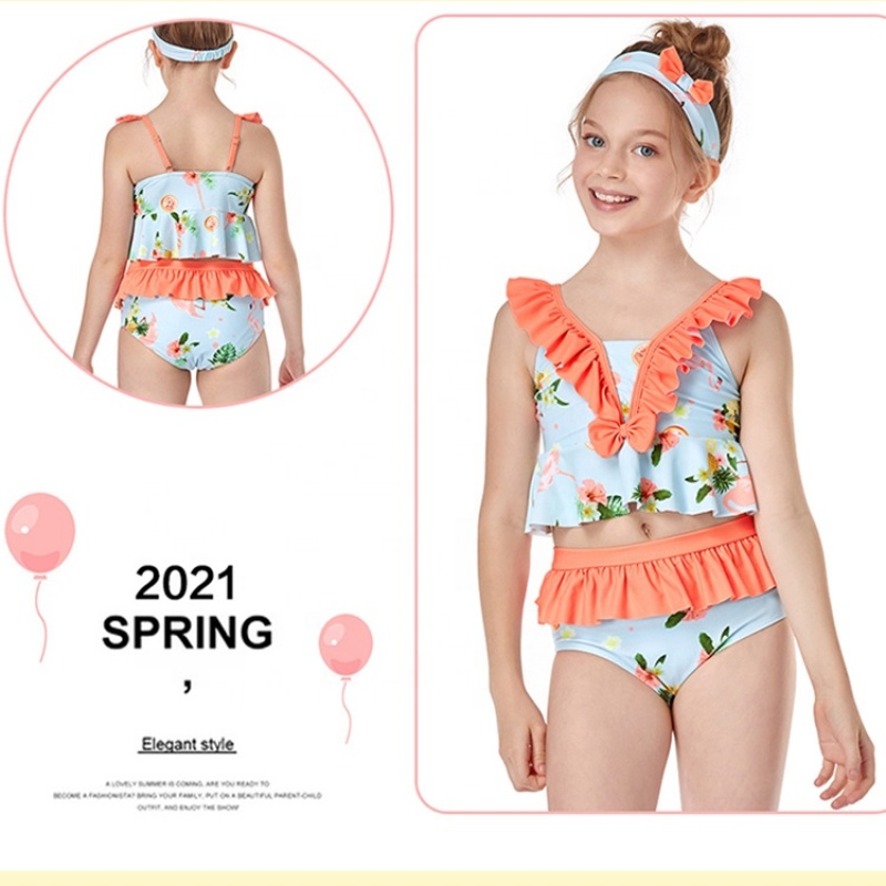 Top selling fashion ruffle print kids designer two piece swimsuit custom girls
