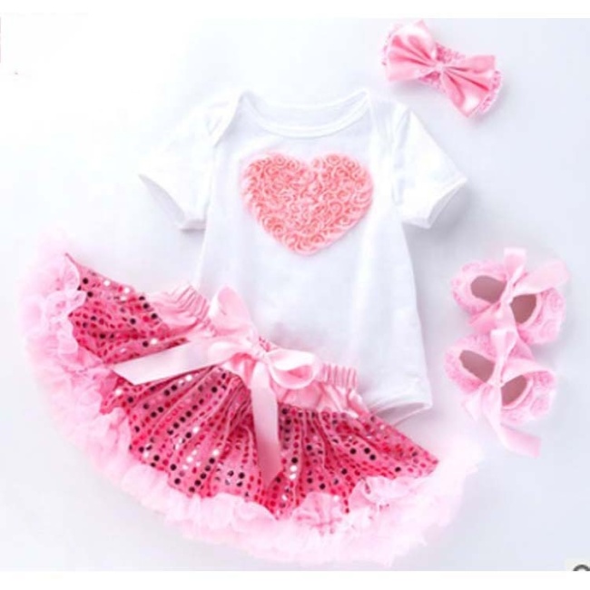Wholesale Children Baby Girl Romper And Sequin Skirts Set With Baby Shoes And Headband 