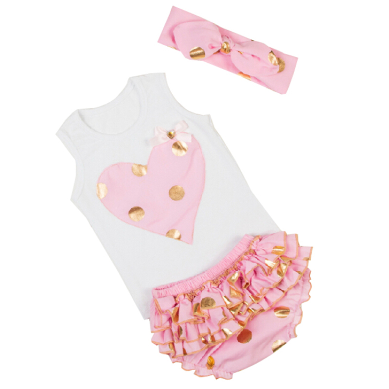Gold Polka Dots Baby Girl Tee Top Outfit With Ruffle Bloomer And Headband 