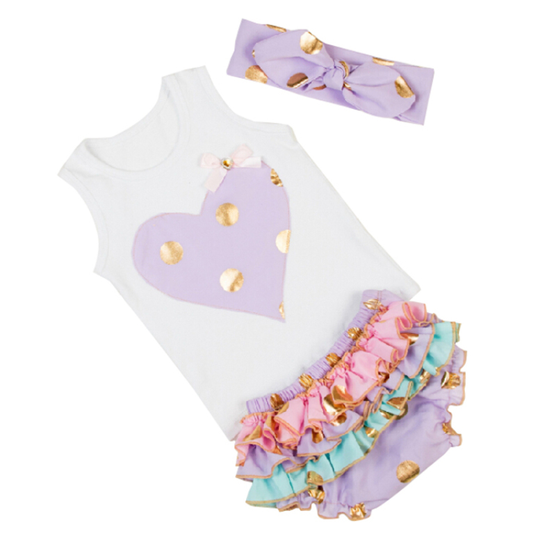 Fancy Cotton Polka Dot Girl Sleeveless Tee Top With Bloomer And Headband Set
