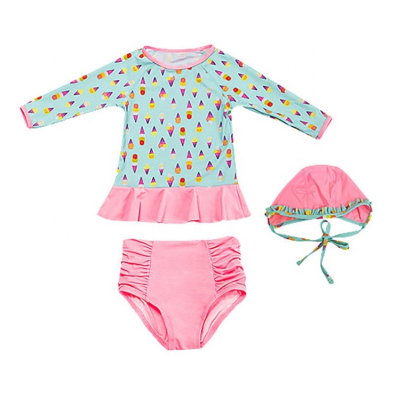 Popular three piece baby girls sport style ruched bikini swim wear