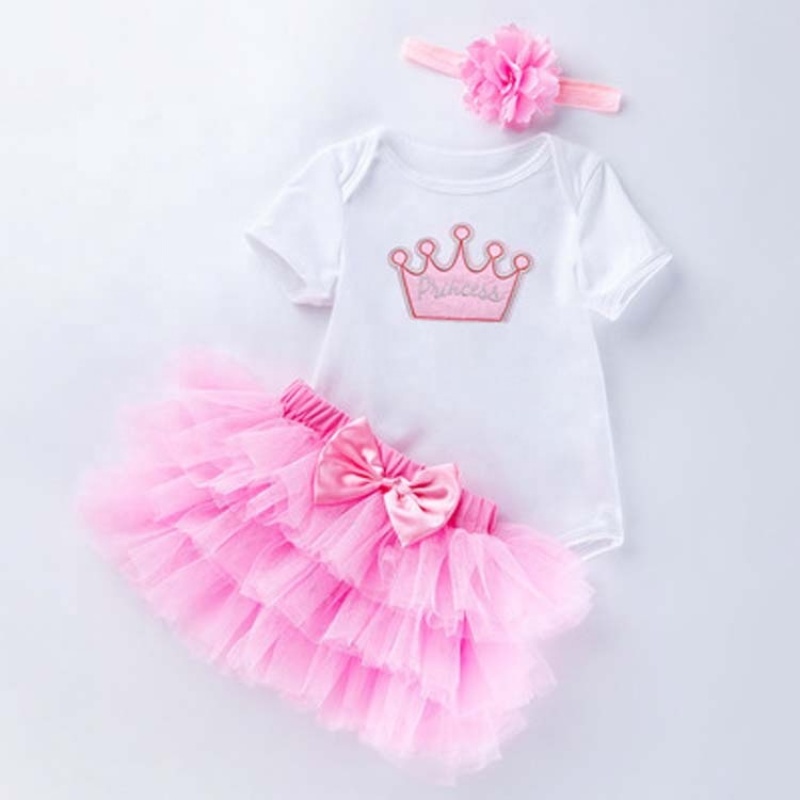 New Arrival Baby Girl Birthday Party Wear Romper Outfit With Tutu Skirts Set And Headband 