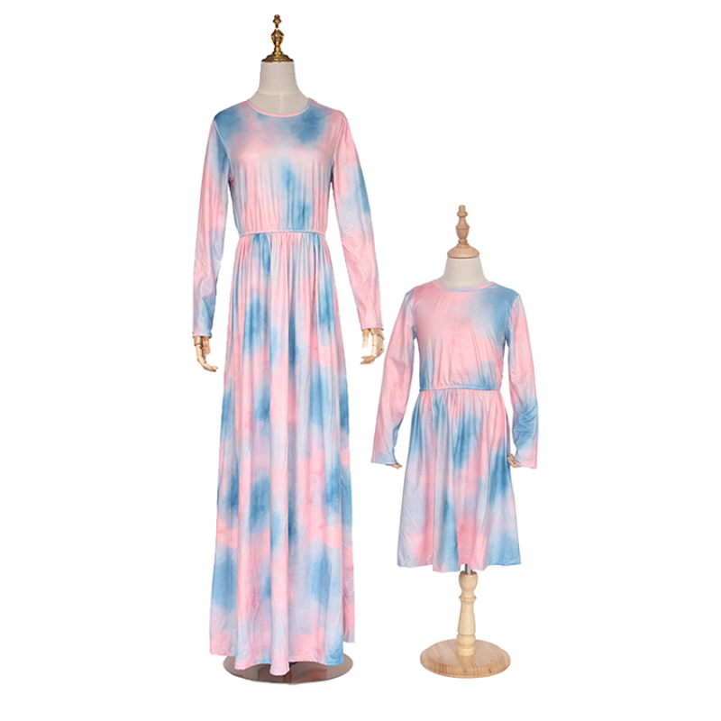 2020 wholesale mommy and me tie dye fall elegant long sleeve maxi dress
