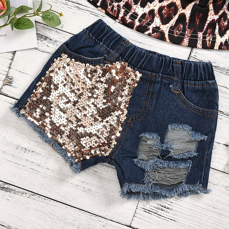 Wholesale Baby Girls Boutique Clothing Leopard Halterneck Sleeveless Tops Sequin Shorts Newborn Sets Outfits