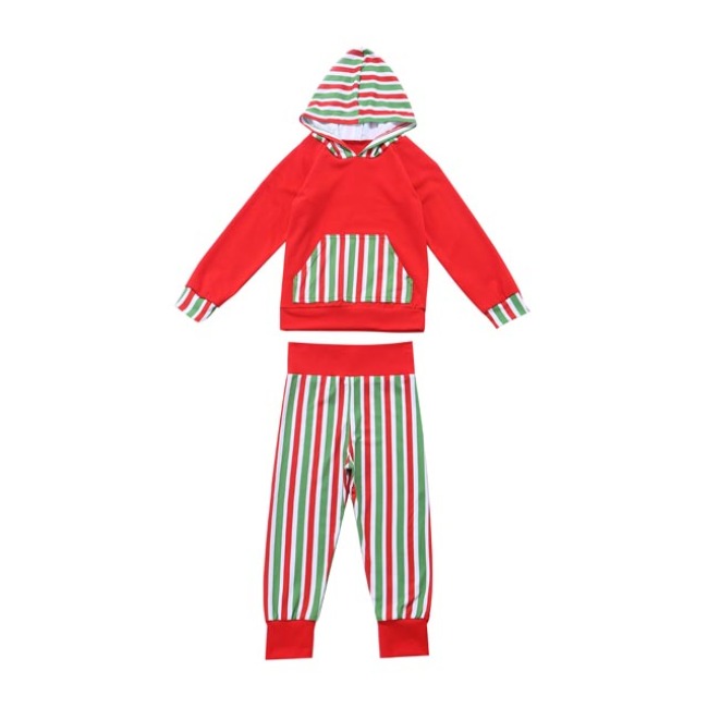 Children Red Sport Clothing Set, Kangaroo Pocket Striped Hoodie Sets