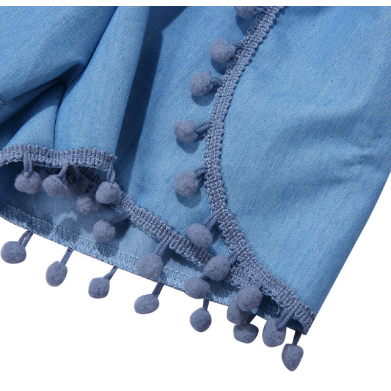 Wholesale trending baby denim clothing pompoms jumpsuit for baby and girls and toddler solid romper unisex baby clothes