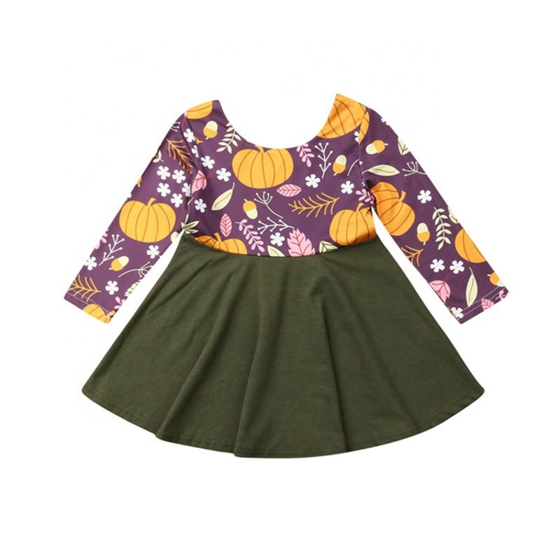 Factory pumpkin printed long sleeve dress infant girl kids clothes