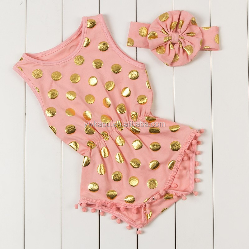 2018 Baby boutique clothes Hot stamping polka dot romper baby girl bodysuit pompom romper