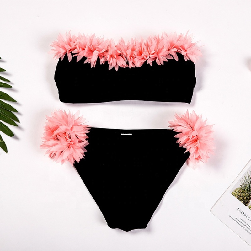 Newly premium two piece swimsuit floral swimwear black bikini