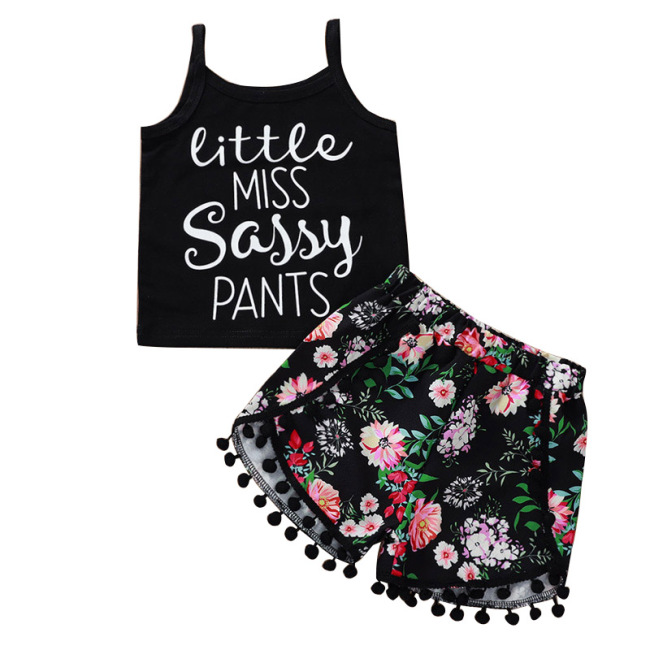 Wholesale Summer Baby Girls Suspender Shirts and Floral Patterns Printed Shorts Set