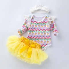 Boutique Chevron Baby Girl Lace Romper With Yellow Tutu Skirts And Headband 