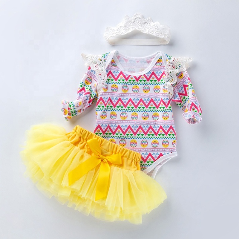 Boutique Chevron Baby Girl Lace Romper With Yellow Tutu Skirts And Headband 