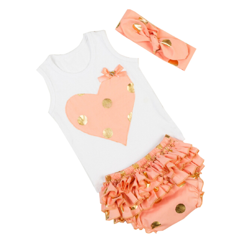Gold Polka Dots Baby Girl Tee Top Outfit With Ruffle Bloomer And Headband 