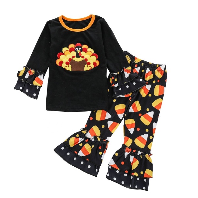 2021 thanksgiving black fashion kids fashion flare pants baby girls clothing sets clothes